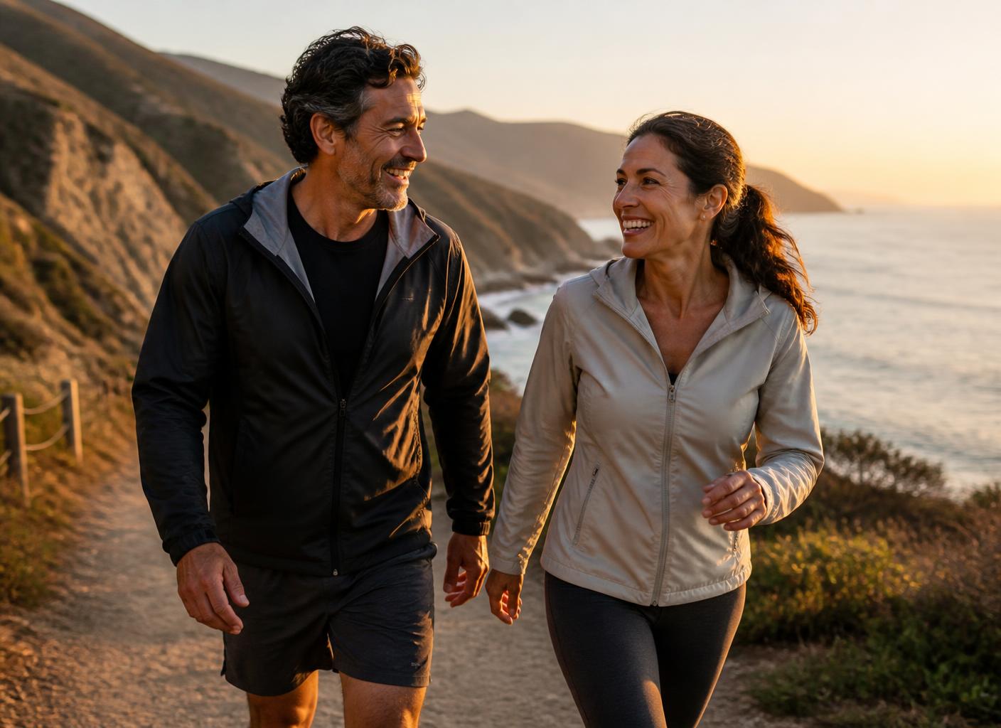 An active couple in their fifties walking and laughing together on a coastal trail