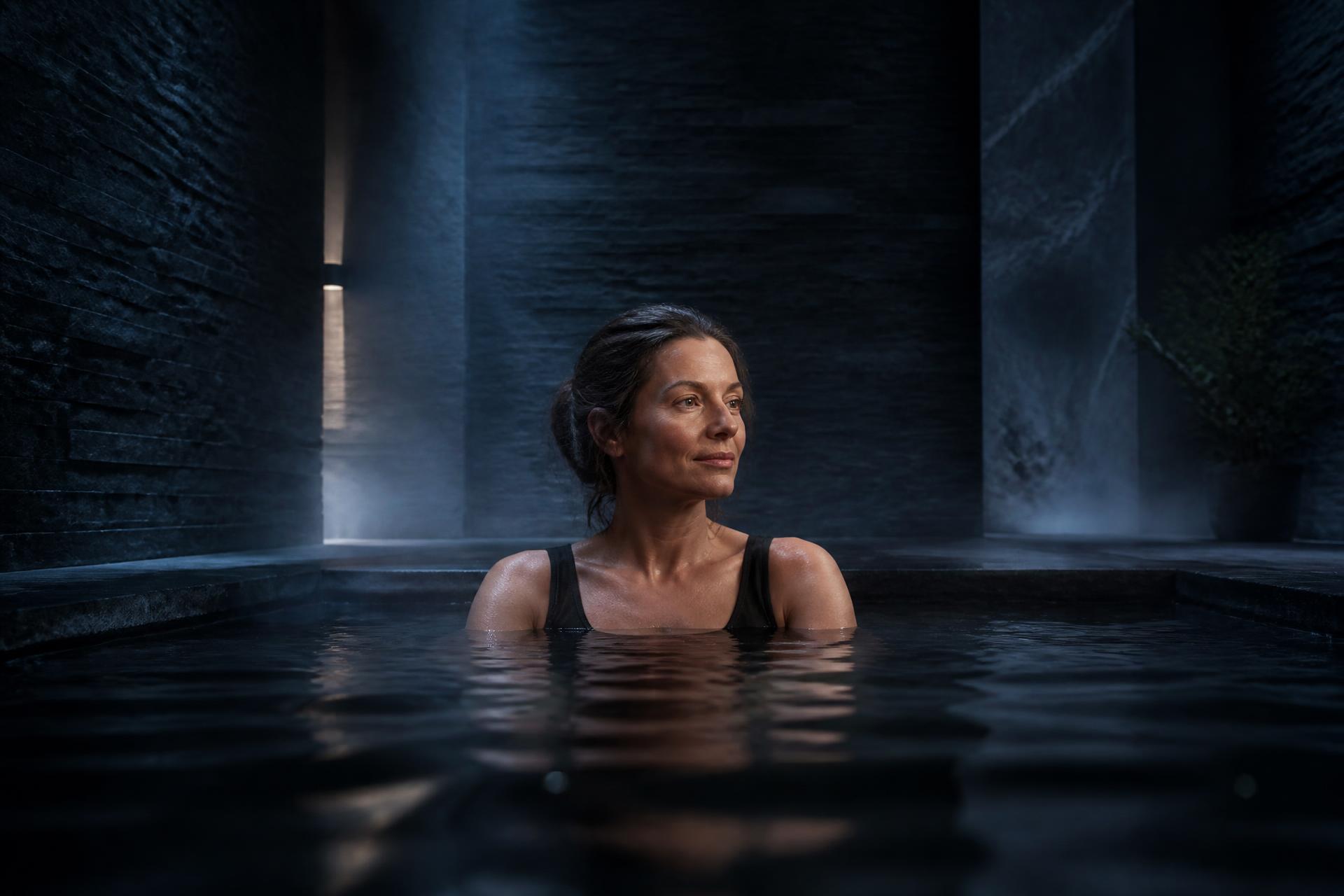 A calm woman sitting in a dark stone cold plunge pool lit by soft blue light