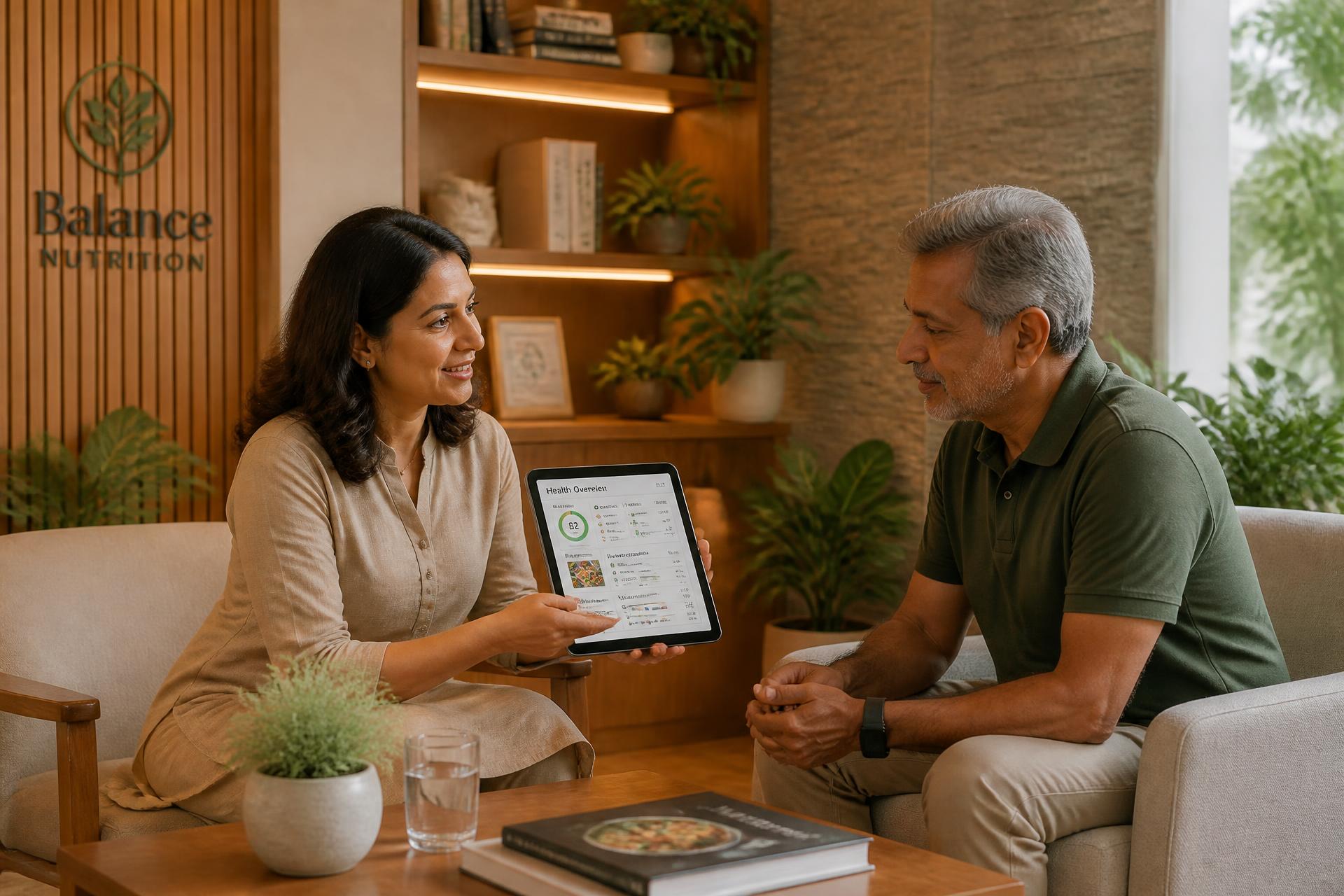 A health expert discussing a personal health report with a client