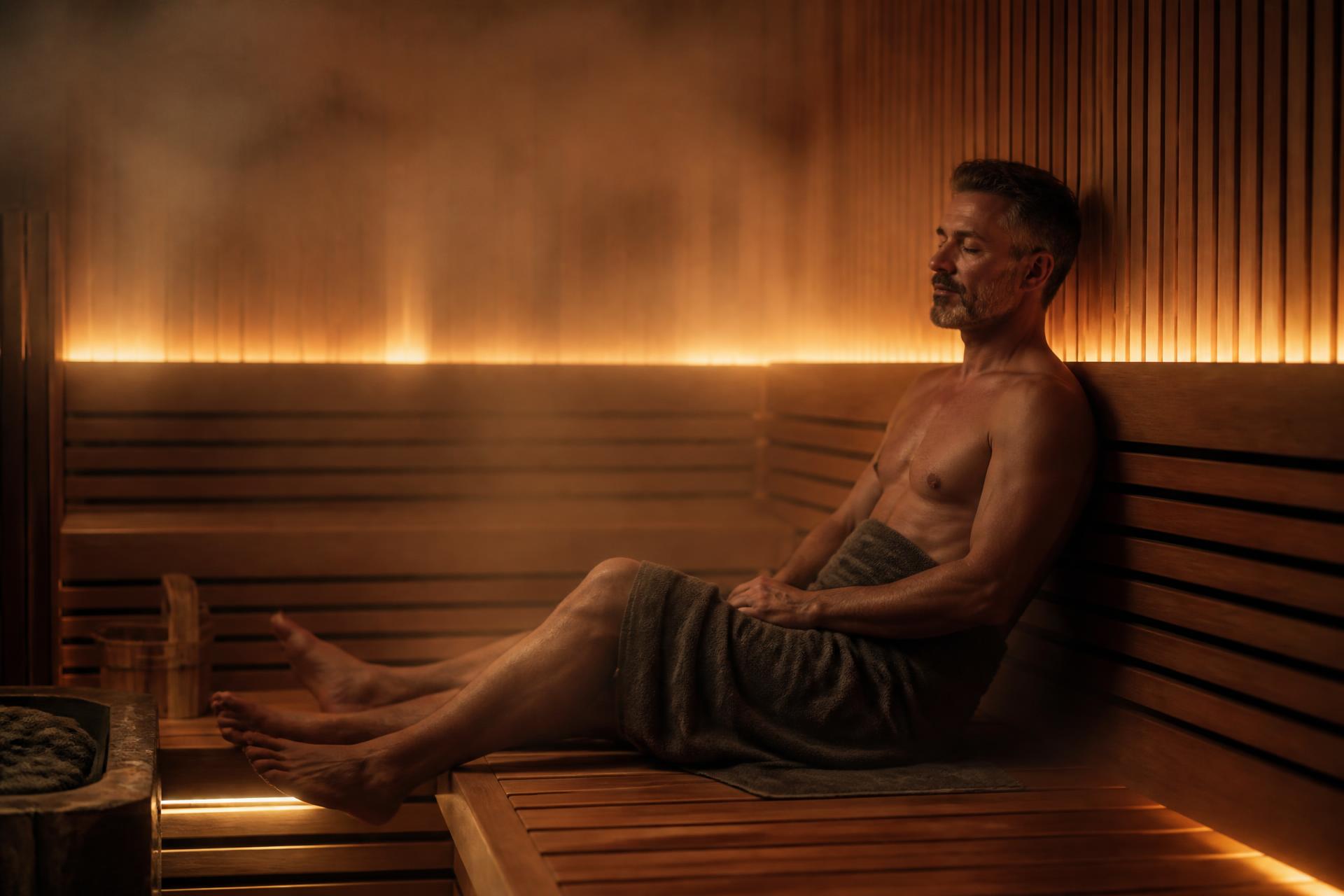 An elegant wooden dry sauna in a premium recovery suite