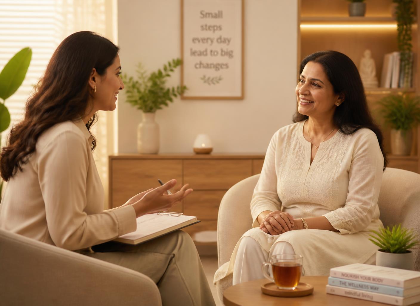 A health coach in a warm consultation with a client